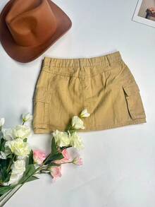 Tall Women's Casual Straight Mini Skirt With Cargo Pockets Non-Stretch Woven Fabric - Khaki - View 7