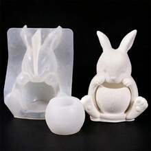 Set de 2 moldes de silicona de resina con textura de peluche en forma de conejo y soporte de vela redondo - Adecuado para hacer velas, yeso, arcilla, cemento y concreto. Diseño creativo de conejito de Pascua para manualidades, joyero, decoración del hogar con gestos de conejo de peluche - Juego de 2 figuras de conejo de peluche y molde para candelabro redondo. - Ver 11