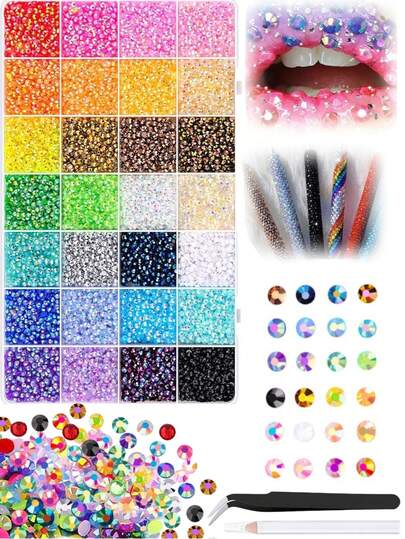 用于装饰的3毫米水钻套装，包含平底水钻，适用于服装、工艺品、美甲、服饰等，平底树脂彩虹彩色水晶