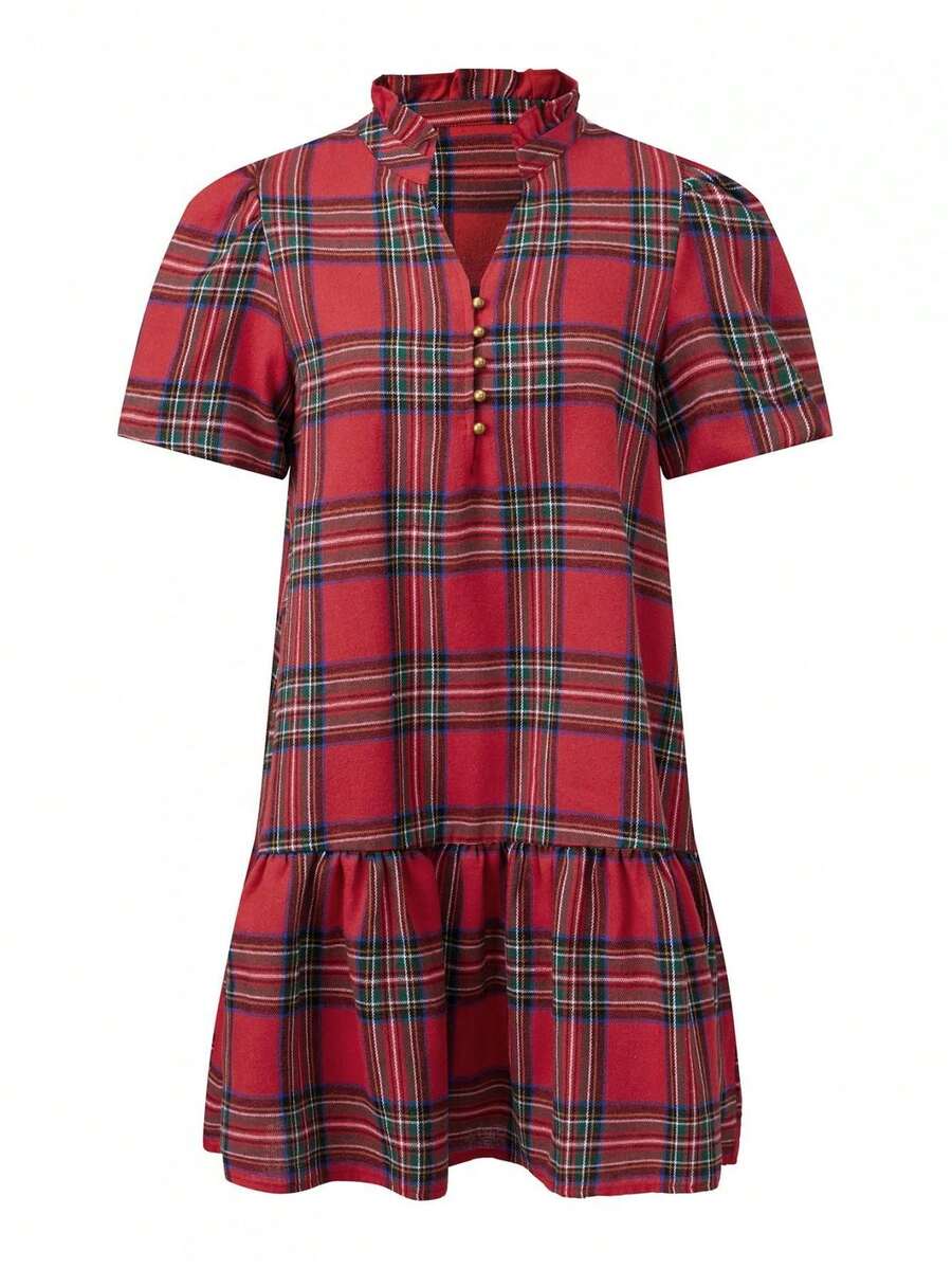 Vestido de verano para mujer, manga corta abullonada, cuello en V, estampado a cuadros, corte holgado, estilo línea A - Rojo - Ver 1