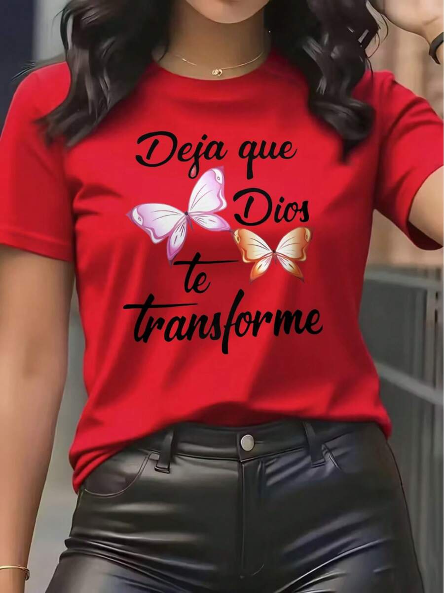 Women's T-Shirt With Spanish Faith Theme - "Let God Change You" Spanish Print Short Sleeve Crew Neck T-Shirt, Suitable For Church Wear, Casual Daily Wear And Spanish Mass Clothing R343539R1 - 紅色 - 查看 1