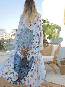 Oversized Retro Midi Kimono Cover Up, Loose Fit Beach Cover Up Swimsuit Shawl, Summer Lightweight Outerwear Spring - Baby Blue - View 5