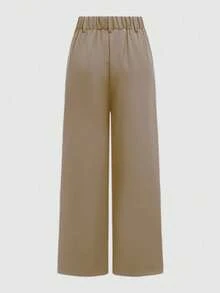 SMILE CHIC 女士春季休闲阔腿裤，宽松直筒版型，纯色独特腰带设计，适合办公室和日常穿着，百搭显瘦 - 卡其色 - 查看 9