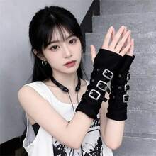 Millennial Hot Girl Arm Sleeves Women Black Half Fingerless Gloves Metal Dark Punk Cosplay Arm Sleeves - 黑色 - 查看 3