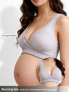 1 件装孕妇文胸带蕾丝花边交叉哺乳无钢圈无缝哺乳文胸，紫色 - 淡紫色 - 查看 1