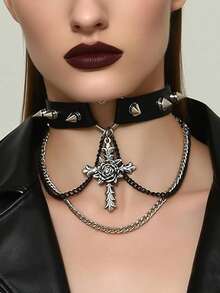 1/4 Pcs Gothic Punk Black Cross Necklace For Women, Handmade PU Leather Chain Choker With Spikes, Heart Leash Collar Adjustable Cross Pendant Jewelry - Black - View 3
