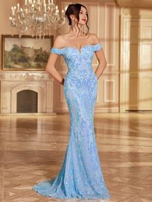 优雅露肩美人鱼亮片礼服，露背系带设计，奢华修身拖尾裙，适合婚礼宾客、宴会等场合穿着。 - 淺藍色 - 查看 5