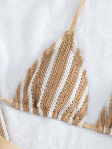 3 piezas Conjunto de bikini de punto a rayas sexy - Top triangular + Calzoncillos de cintura baja + Pantalones de pierna ancha con tirantes ajustables | Traje de baño de vacaciones de playa retro para el verano - Beis - Ver 7