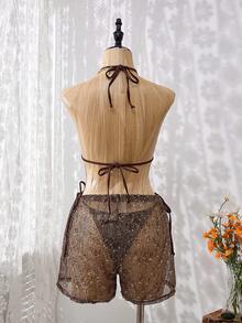 2026春夏女士沙滩比基尼套装，钩针编织露背系带比基尼上衣搭配钩针编织抽绳波西米亚风比基尼下装，三件套女士沙滩比基尼，适合海滩度假和泳池派对 - 棕色 - 查看 5