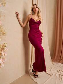 PARTHEA V-Neck Backless Cut Out Lace Spliced Ruched Bodycon Cami Women Cocktail Dresses (Zipper,Sexy) - Burgundy - View 3