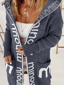 Plus Size Women's Letter Pattern Casual Minimalist Everyday Soft Knit Warm Long Sleeve Hooded Cardigan - Grey - View 3