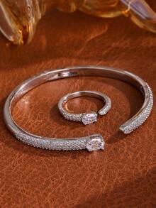 rakol Set de 2 piezas de anillo y pulsera con decoración asimétrica de circonita cúbica de moda - Plateado - Ver 6