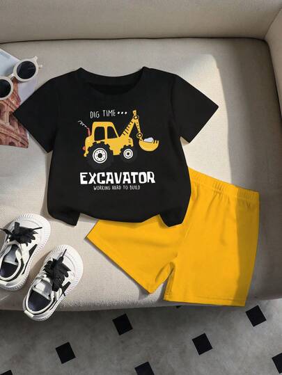 2pcs/Set Toddler Excavator Print Round Neck Short Sleeve Black T-Shirt And Yellow Shorts Casual Outfit
