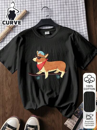 2026 滑板狗印花加大码女式休闲纯棉短袖上衣，面料柔软，复古街头风，灵感源自东方美学；100% 优质纯棉复活节 T 恤，2026 返校季，校园穿搭灵感，开学第一天，2026 返校时尚，学院风