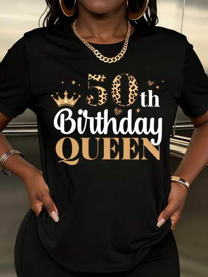 Plus-Size Crew Neck T-Shirt 50th Birthday Queen Leopard Print Crown Design For Women Birthday Party Celebration GiftWomen's T-Shirt, Short-Sleeved Top, Suitable For Everyday Outdoor Casual And Sports Activities, Comfortable To Wear, Versatile, And Suitable For All Four Seasons (Spring, Summer, Autumn, And Winter),And The Best Choice For Gifts (S-4XL).