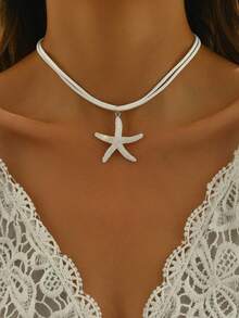 1pc Acrylic Starfish Pendant Necklace, Suitable For Women's Daily Wear And Summer Beach Vacation - Beige - View 1