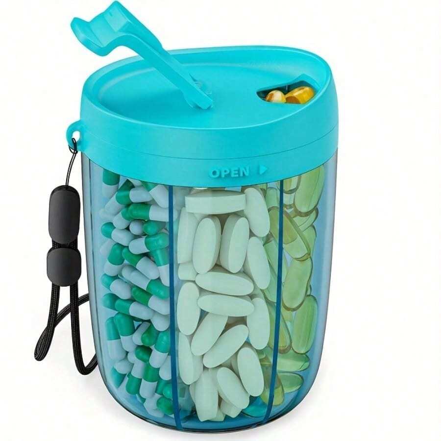 Portable Pill Organizer With Separate Compartments - Holds 6 Vitamins & Medications, Anti-Mixing Design, Wide Mouth Opening, Clear Viewing Window, Travel-Friendly Medicine Case With Carry Lanyard - Food Plastic Construction For Daily Use, Travel, Elderly & Busy Lifestyles, Compact Design, Secure Storage, Healthconscious Users - 藍色儲物瓶 - 查看 1