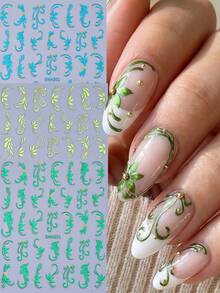 3片绿色金属藤蔓美甲贴纸，春绿色藤蔓花朵自粘美甲贴花，DIY美甲沙龙装饰配件，适合春夏美甲 - 綠色 - 查看 2