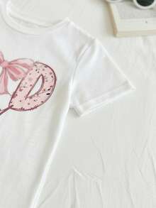 1pc Girls Cute Bow Print Short Sleeve T-Shirt & Striped Shorts 2 Pieces Set, Summer - White - View 4