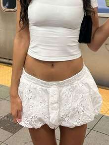 Women's Sexy Embroidered Hollow Out Beach Shorts, Summer - White - View 4