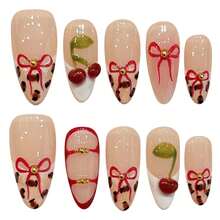 Cherry Leopard Print Pink Base Red Bow Design Fashion False Nails, Sweet Style For Women & Girls - Champagne - View 2