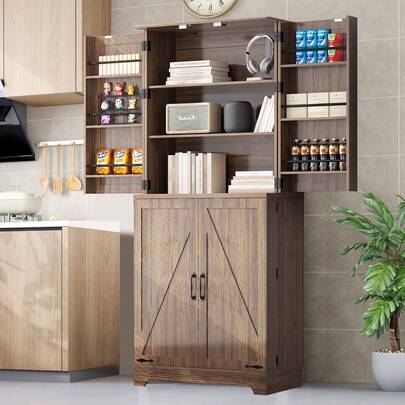 Kitchen Pantry Cabinet With 16 Door Shelves Double Doors 5-Tier Shelving Farmhouse 75" Tall Storage Cabinet With Adjustable Shelves Barn Doors Freestanding Kitchen Cupboard For Dining Room Living Room Rustic Brown