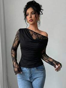 Women's Elegant Lace Round Neck Slim Fit Black T-Shirt, Autumn/Winter - Black - View 5