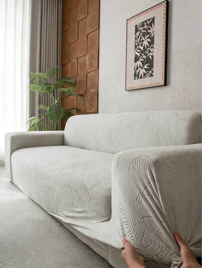 1pc Stretch Jacquard Sofa Cover With Botanical Leaf Pattern, Couch Slipcover For Living Room & Bedroom, Anti-Slip Furniture Protector Against Pets, Kids And Daily Wear