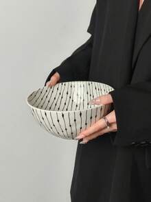 1pc Minimalist Geometric Line Pattern Ceramic Soup/Salad Bowl, Large Capacity Handpainted Line Design Dining Bowl - Multicolor - View 16