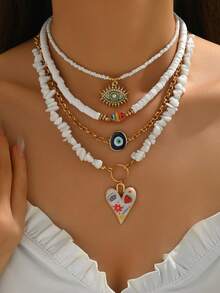 4pcs/Set White Turquoise Soft Clay Beaded Necklace, Fashion Pearl Eye Pendant Choker, Personalized Small Fish & Green Eye Pendant Jewelry, Suitable For Daily Wear And Travel, Adjustable Chain Length - Multicolor - View 1