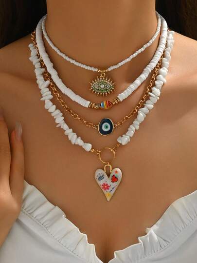 4pcs/Set White Turquoise Soft Clay Beaded Necklace, Fashion Pearl Eye Pendant Choker, Personalized Small Fish & Green Eye Pendant Jewelry, Suitable For Daily Wear And Travel, Adjustable Chain Length