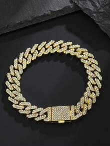 1条镀金水钻12毫米菱形锆石手链，嘻哈链闪亮情侣手链，翻盖扣 - 金色 - 查看 6