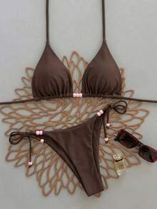 Women's Sexy Bikini Set With Tie Bow, Solid Color With Colorful Beaded Accents, Halter Neck Backless Design, Minimalist Holiday Style, Brown Elegant Swimsuit Set For Summer 2026 - Brown - View 1