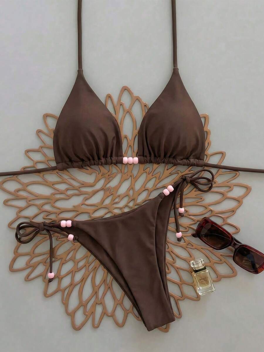 Women's Sexy Bikini Set With Tie Bow, Solid Color With Colorful Beaded Accents, Halter Neck Backless Design, Minimalist Holiday Style, Brown Elegant Swimsuit Set For Summer 2026 - Brown - View 1