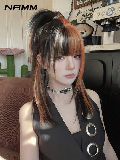 NAMM 18 Inch Fashion Shoulder Length Wig For Women,Orange Black Highlight Wig With Bangs Dark Root, Fluffy Full Machine High Density Synthetic Fiber Layered Hair Wig For Girl Daily, Street Wear, Music Festival Party Photography Fake Hair Use Perfect For Gack-To-School Season ,Halloween Cosplay Anime Or Costume Use