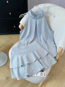 女士夏季无袖吊带背心和荷叶边蛋糕裙两件套 - 藍色兩件套裝 - 查看 2