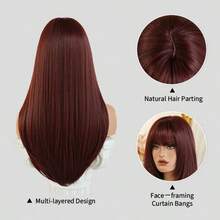 ROALYUV Wine Red Layered Long Straight Wig With Bangs, 24 Inch Natural Synthetic Hair Wig For Women, Heat Resistant Adjustable Cap, Easy To Style For Daily Wear Cosplay Party Dating - 酒紅色 - 查看 9