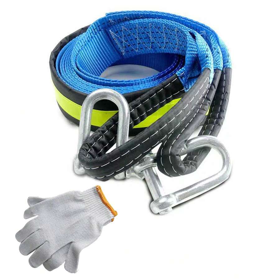 Cuerda de remolque para coche de 5 metros y 8 toneladas, resistente, de poliéster, con ganchos para emergencias, reflectante azul y guantes. - A - Ver 1