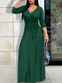 Women's Multi-Color Mixed Dress With Deep V-Neck And Waist Design, Elegant For Dining Out, Shopping And Other Occasions - Green - View 4