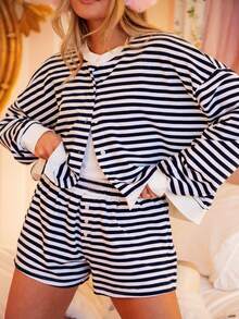 Women Y2K Striped 2 Piece Lounge Outfits Shorts Set Long Sleeve Button Down Cardigan Jacket And Wide Leg Boxers Shorts Fall Spring Two Piece Pjs Matching Outfits Sleepwear Loungwear - màu đen - Xem 4