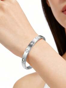 1pc Fashionable Luxury Stainless Steel Rhinestone Bangle Bracelet, Suitable For Daily Wear - Silver - View 8