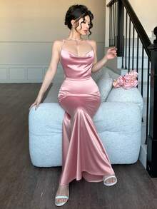 abyoxi 女士粉色缎面吊带垂领露背交叉系带大蝴蝶结装饰修身鱼尾长裙，优雅复古，性感青春，适合派对、浪漫约会、正式晚宴、生日、婚礼等场合，春夏修身美人鱼长裙 - 豆沙色 - 查看 4