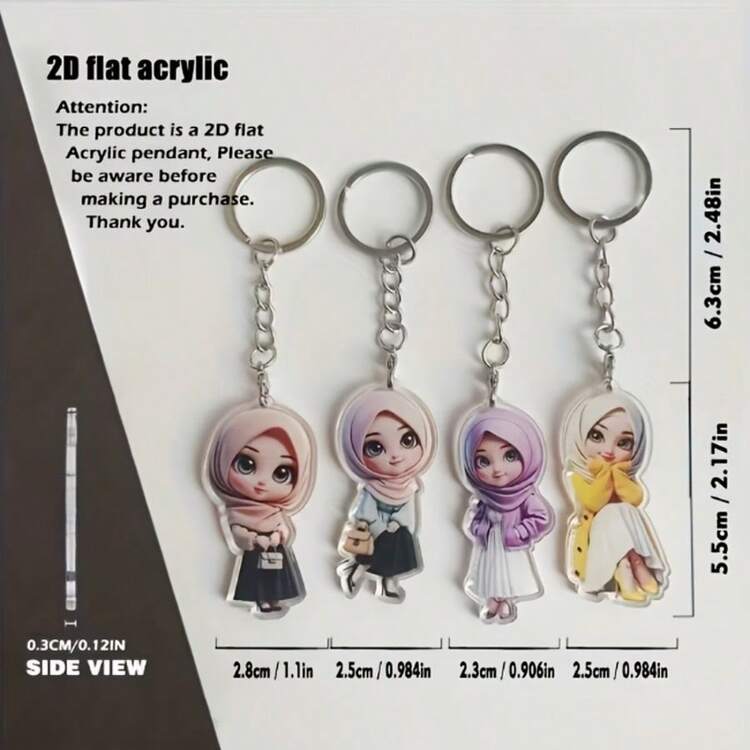 4-Piece Set Of 2D Graphic Design Acrylic Fashionable Muslim Women's Keychains And Hangers - A Must-Have For Fashionable Matching, Backpack Accessories, Car Key Decorations, Key Ring Hangers, And A Great Gift For Friends - Multicolor - View 10