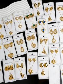 24pcs Stainless Steel Necklace & Earring Set, Elegant Heart, Flower, Geometric Earrings, Suitable For Daily Casual Wear, Wedding Party Jewelry Gift, Suitable For Teenagers (Random Delivery) - Multicolor - View 3