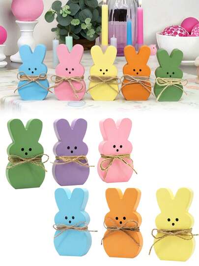 6件套木制兔子装饰品 - 复活节家居装饰 - 春季木制装饰品 节日花园装饰 家居装饰 节日装饰 可爱兔子摆件 适用于家庭、办公室、书房和派对