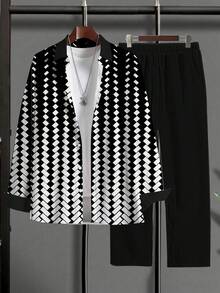 Plus Size Men 2pcs, Business Casual Geometric Print Commute Outfits,Plus Size Spring Commute Workwear Shirt & Pants - 黑與白 - 查看 2