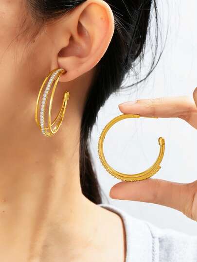 1 Pair Fashion Multi-Layer Hoop Earrings With Rhinestone Inlay, Suitable For Women's Daily Wear
