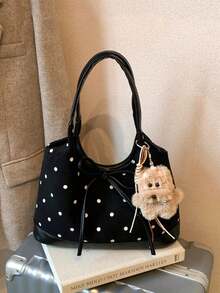 1pc Polka Dot Faux Suede Tote Bag, Fashion Women's Handbag, Shoulder Bag For Commuting, Dating, Daily Use, Comes With Pendant - Black - View 5
