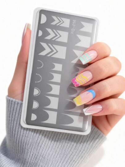 1片装简约法式线条美甲印花板 12X6厘米 抽象几何波浪条纹美甲印章模板 不锈钢法式美甲印花模板工具