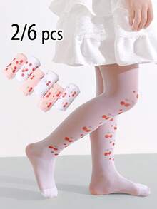 2/6-Pack Girls' Cherry Print Tights/Pantyhose, Ultra-Thin And Breathable Leggings For Spring And Summer. - Multicolor - View 2